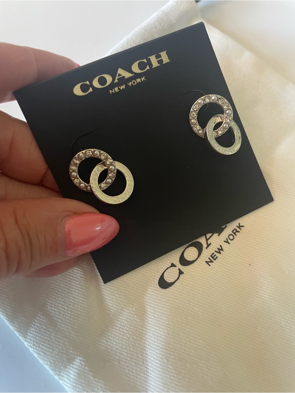 Coach Silver Interlocking Crystal Hoop Stud Earrings